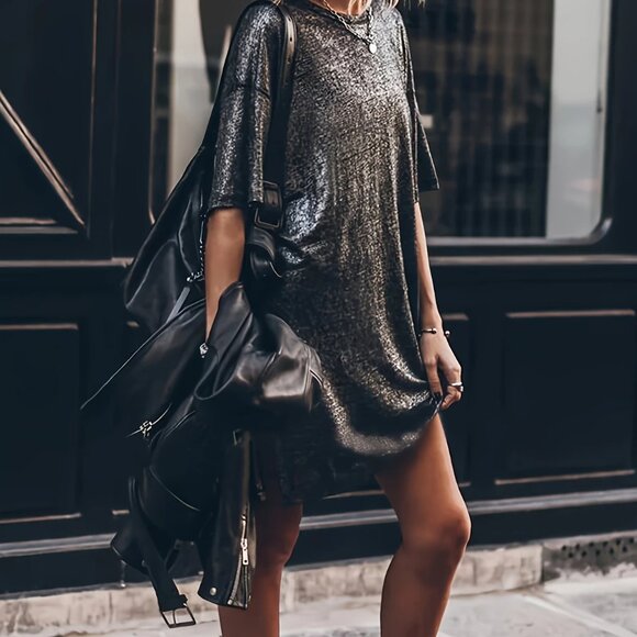 Deep Grey Grunge Streetwear Nian Short Sleeve Mini Dress - Picture 3 of 7